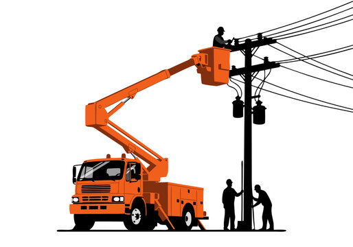 Vector illustration of utility linemen repairing electrical power lines using a cherry picker bucket truck, isolated on white