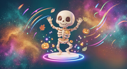 Fototapeta premium Cute Dancing Skeleton on Glowing Stage Cosmic Halloween Illustration