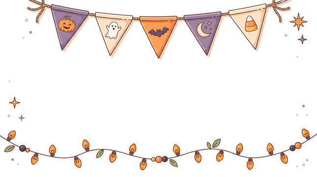 Halloween bunting banner with festive lights, spooky party garland illustration, orange and purple holiday border for invitations