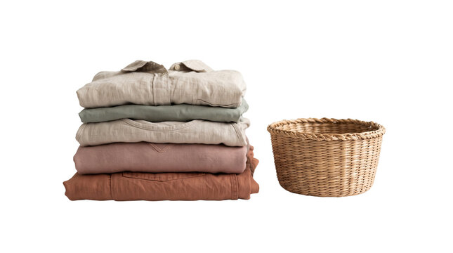 Linen clothing stack in earthy tones, folded organic cotton shirts and trousers, woven wicker basket on white background