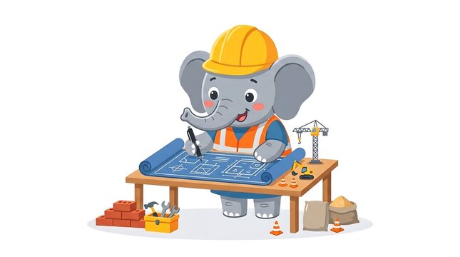 Cute cartoon elephant builder character working on a blueprint illustration