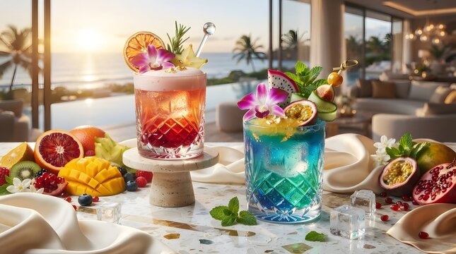 Tropical sunset cocktails with exotic fruit garnishes and luxury resort background for travel promotion and summer vacation lifestyle branding.