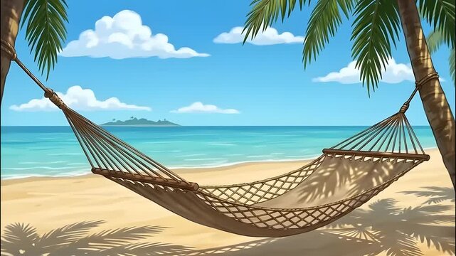 2D Vector Animation Hammock Tied to Palm Trees on Tropical Beach Background