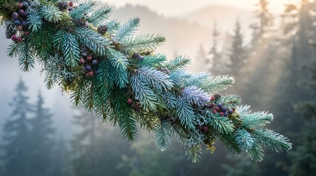 Winter evergreen branch with blue needles and frosted berries hangs before misty forest background during cold morning sunrise for card.