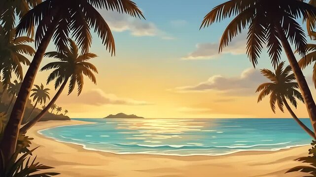 Vector Animation Tropical Beach Sunset with Palm Trees and Waves Background