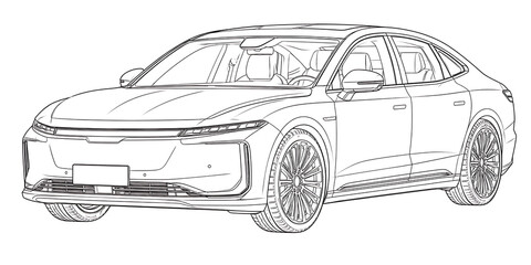 Fototapeta premium Futuristic Electric Sedan Line Art, futuristic electric sedan, electric sedan, electric car, electric vehicle, EV automobile, futuristic vehicle, modern sedan, electric mobility, sustainable transport