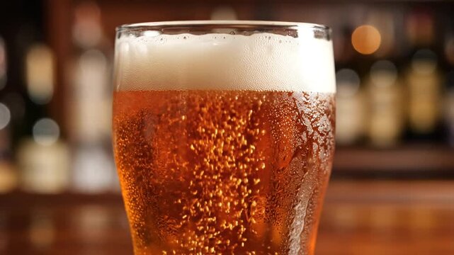 Close up of a cold glass of beer with foam in a bar