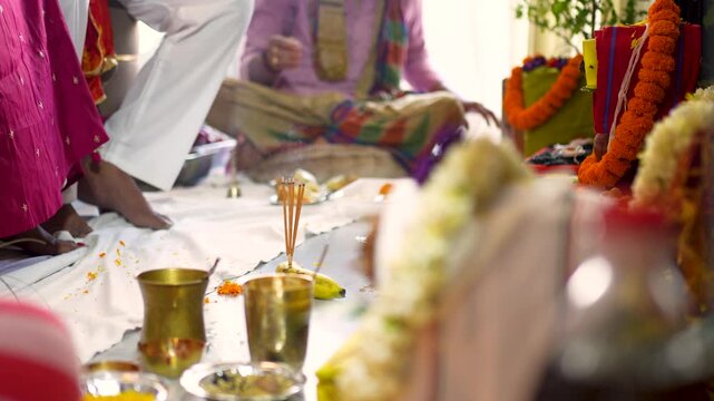 Traditional Hindu Religious Ceremony with Offerings