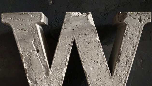 Carved stone letter W against dark rough grunge wall, cracked concrete texture with scratches and weathered details, ancient stone typography aesthetic. Close-up.