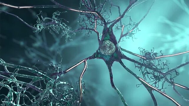 Neurons in Alzheimer&rsquo;s disease, 3D animation showing cortical nerve cells with beta-amyloid plaques and intracellular tau tangles affecting synaptic connections.
