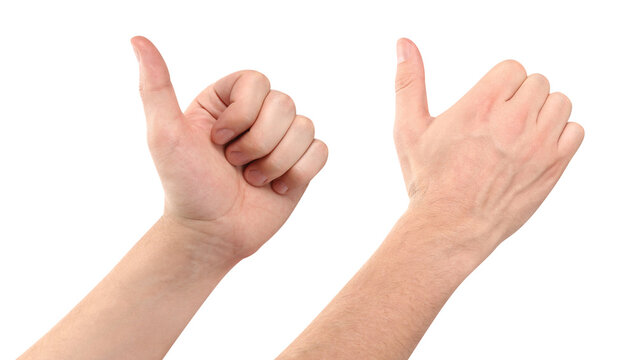 Set of male hands showing thumbs up approval gestures, isolated on transparent cutout background