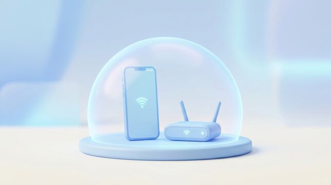 Cybersecurity Protection for Everyday Digital Life Smartphone and router protected under a glass dome symbolizing network security and wireless protection.