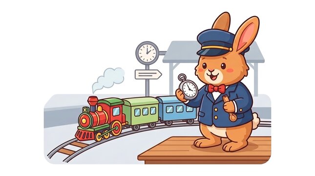 Cute cartoon rabbit train station conductor with a pocket watch vector illustration