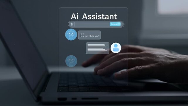 Intelligent AI assistant interacting with users through a chatbot interface. Modern communication, automated customer service, business efficiency, digital workflow and advanced technology concept.	