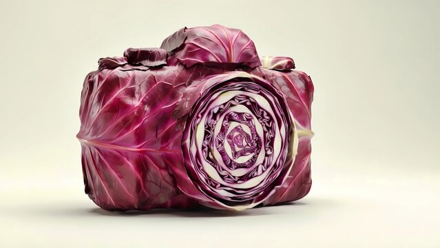 Surreal food concept of a generic professional dslr camera made entirely of textured purple red cabbage leaves. Creative eco art for photography blogs, posters and social media.