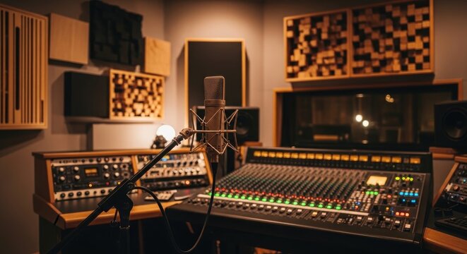 A professional recording studio is illuminated by warm, ambient lighting. A large mixing console dominates the scene, featuring numerous knobs, buttons, and displays.