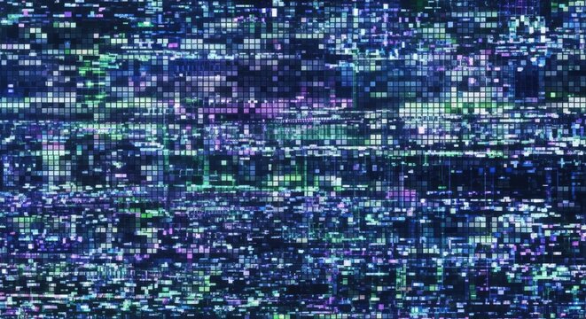 A distorted digital display shows a chaotic cityscape filled with pixelated lights and data streams. The image exhibits a glitch effect, with fragmented colors and a sense of instability.
