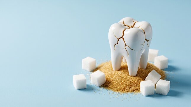 Cracked tooth model standing on pile of brown sugar surrounded by white sugar cubes against blue background, dental decay concept, healthcare studio shot.