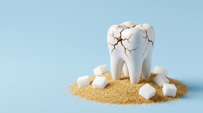 Cracked white human tooth standing on heap of brown granulated sugar and white sugar cubes on light blue background, dental care concept, tooth decay.