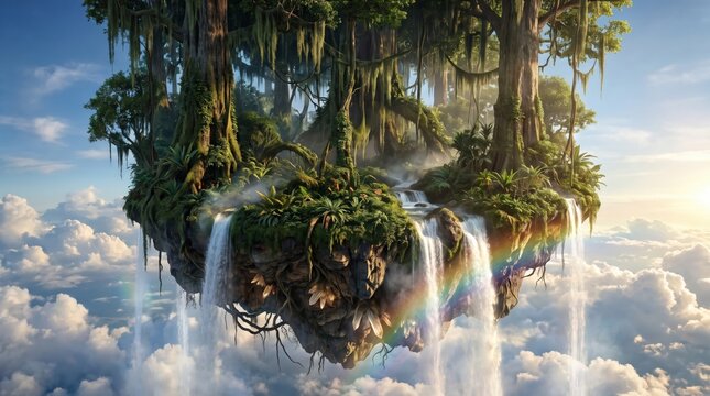 A surreal floating island in the sky featuring a massive waterfall, giant tree roots, and lush green forests above the clouds, a perfect fantasy landscape concept.