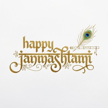 Golden calligraphic happy janmashtami text with peacock feather and flute on white background, indian festival greeting, typography poster design.