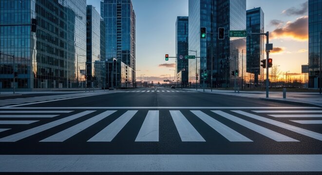 A wide-angle photograph captures an empty city street at dawn. Three towering skyscrapers with reflective glass facades dominate the background, mirroring the soft colors of the rising sun.