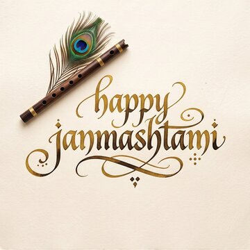 Golden calligraphic happy janmashtami typography with wooden flute and peacock feather, traditional indian festival greeting, top view.