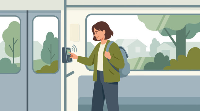 Woman tapping card on reader inside public transport, commuting concept