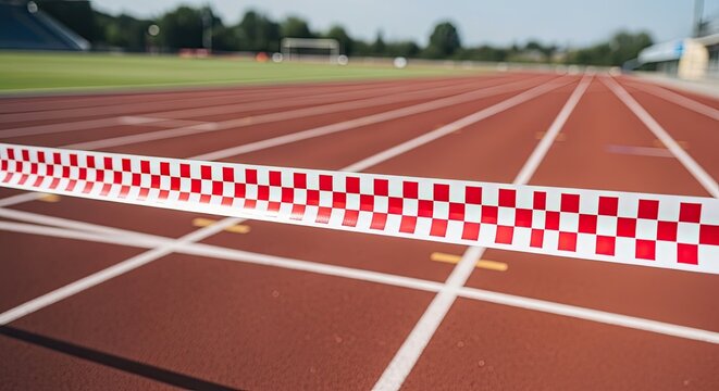 A red and white checkered tape marks a starting line on a running track. The track is a reddish-brown color and has white lane markings.
