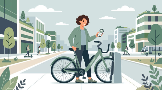 Woman using app to rent bicycle in green city street, urban transport