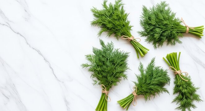 Several bunches of fresh dill are arranged on a white marble surface. The dill sprigs are tied with twine.