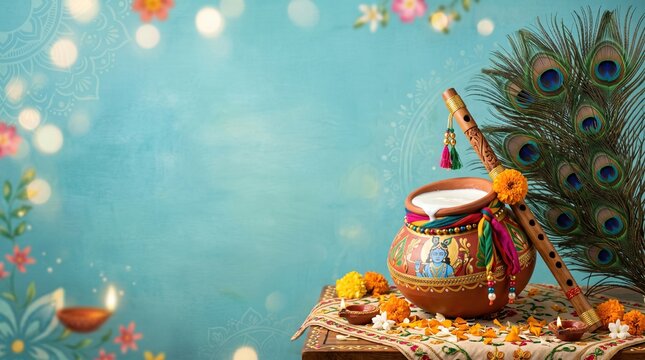 Traditional dahi handi clay pot with fresh butter, flute, peacock feather, and marigold flowers on festive background, janmashtami background, copy space.