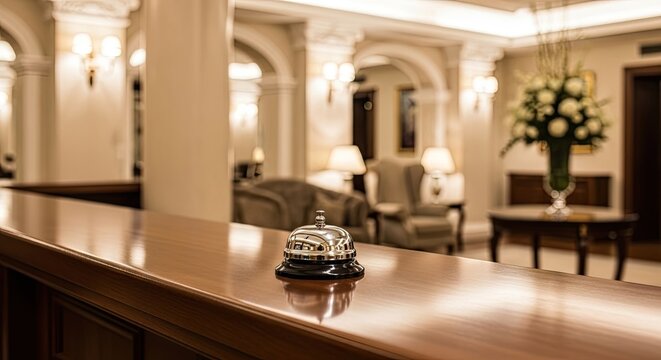 A gleaming bellhop bell rests on a polished wooden reception desk in a luxurious hotel lobby. Warm light illuminates the scene, highlighting the ornate architectural details of the walls and columns.