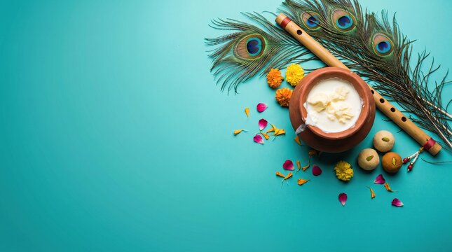 Traditional Indian festival arrangement with clay pot of butter, bamboo flute, peacock feathers, sweets and flowers on cyan background, top view copy space, janmashtami concept.