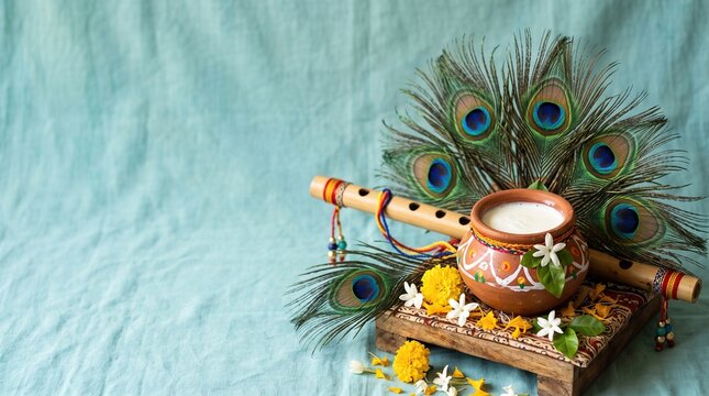 Traditional Indian festival arrangement with clay pot of butter, bamboo flute, peacock feathers, and marigold flowers on wooden stand, Krishna Janmashtami celebration, cultural composition.