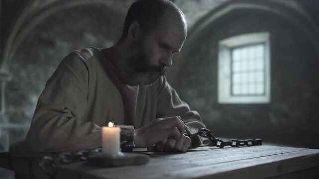 Bearded medieval man wearing a linen shirt and iron cuffs scratching his hand thoughtfully inside a gloomy prison room, gazing down at an old wooden table next to a burning candle