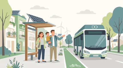 Obraz premium Family at eco-friendly bus stop, sustainable urban transport, solar power, wind turbines