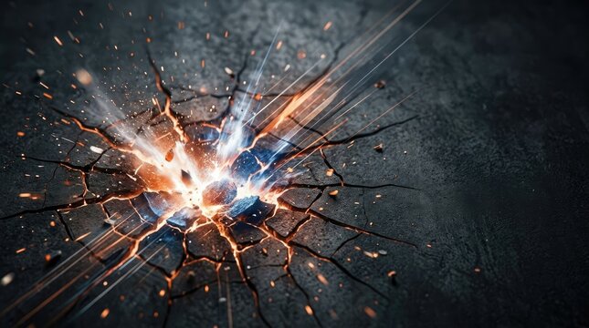 A powerful explosion shatters a dark, rough surface. Intense orange and blue light radiates outward from the point of impact, creating a dynamic and dramatic visual effect.