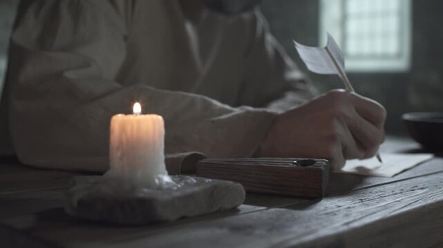 Wooden inkwell on a rustic table against a blurred background of a medieval prisoner writing on parchment with a quill pen inside a dark cell