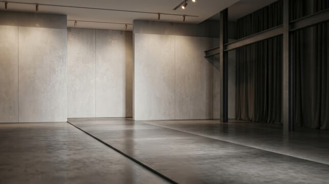 A dimly lit interior space showcases a large, expansive room with smooth, textured walls and a polished concrete floor. A long, dark strip of flooring extends into the distance, reflecting the light.