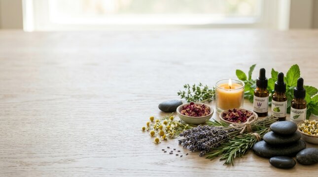 A serene still life arrangement features a lit candle surrounded by various dried herbs and stones. Lavender, chamomile, eucalyptus, and mint leaves are scattered across a light wooden table.