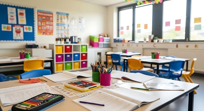 Empty colorful classroom with supplies on desks ready for students with bright empty classroom open books art supplies tables