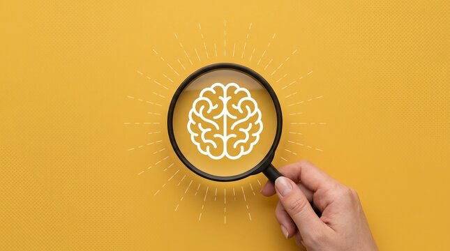 Hand holding magnifying glass over bright white glowing brain icon isolated on vibrant yellow background for smart creative thinking concepts