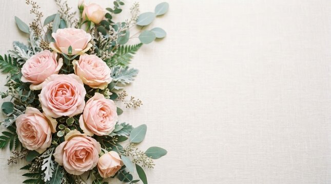 A beautiful floral arrangement of blush pink roses and eucalyptus greenery rests on a textured, off-white linen surface.