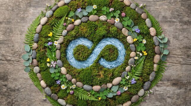 An infinity symbol beautifully crafted from river rocks, green moss, and plants, placed on a rustic wooden background, representing the circular economy and endless sustainability.