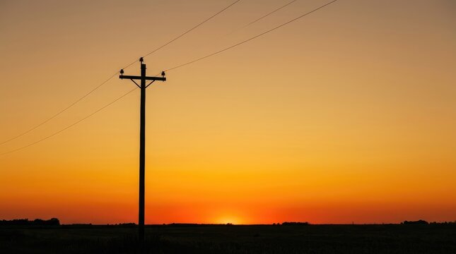 A silhouetted utility pole stands against a vibrant sunset. The pole is dark, contrasting with the orange and yellow sky.
