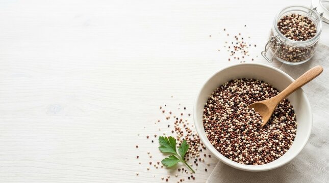 A white bowl contains a mixture of quinoa seeds and a wooden spoon. A jar of quinoa seeds sits next to the bowl, with a small sprig of parsley nearby.