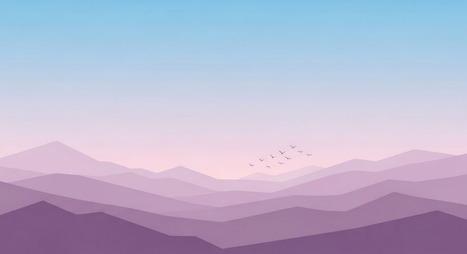 Stylized layered mountain landscape with birds flying at dawn