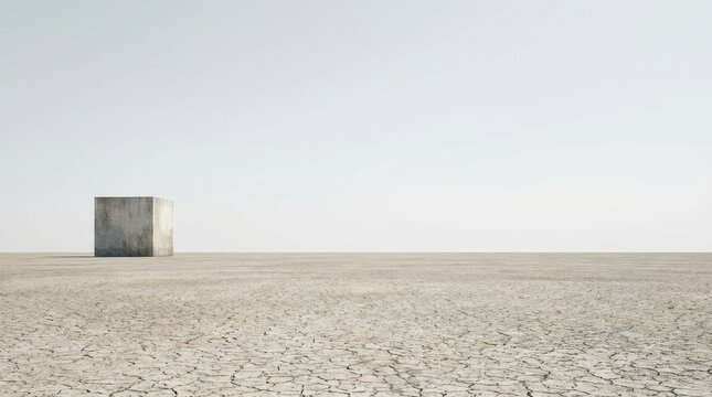 A solitary concrete cube stands prominently in a vast, arid landscape. The cube&rsquo;s rough, gray texture contrasts with the smooth, cracked earth stretching to the horizon.