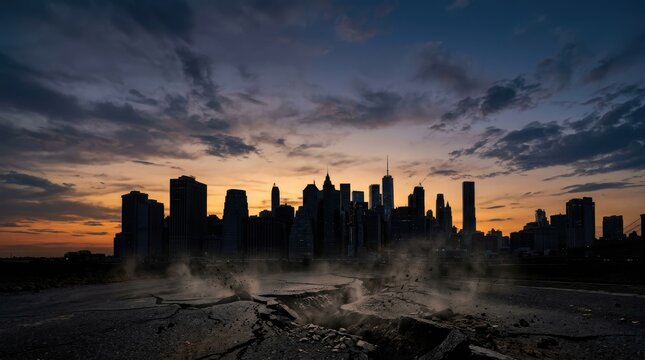 A dramatic photograph depicts a shattered cityscape against a twilight sky. A massive fissure rips through the ground, revealing the foundations of skyscrapers.